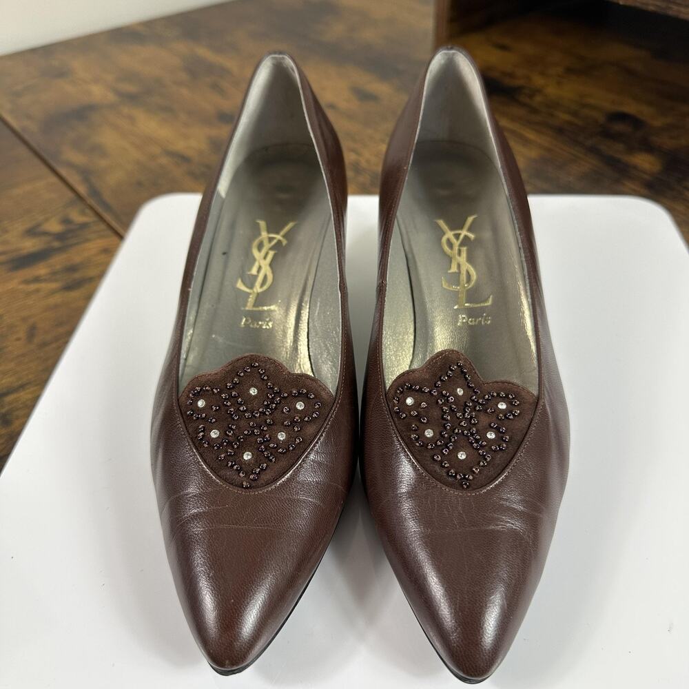 Yves Saint Laurent Pumps Womens 35 US 5 Brown Leather Suede Heart Beaded Kitten